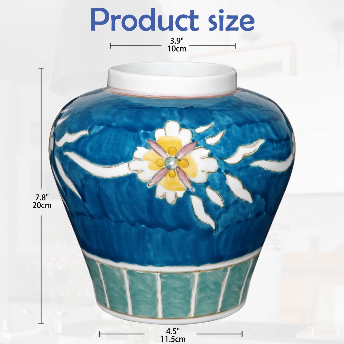 Hand Painted Ceramic Vase for Home Decor, 7.8" Decorative Floral Pottery Vase, Blue Glazed Flower Vase for Pampas Grass, Boho Farmhouse Table Centerpiece, Artistic Ceramic Accent Vase