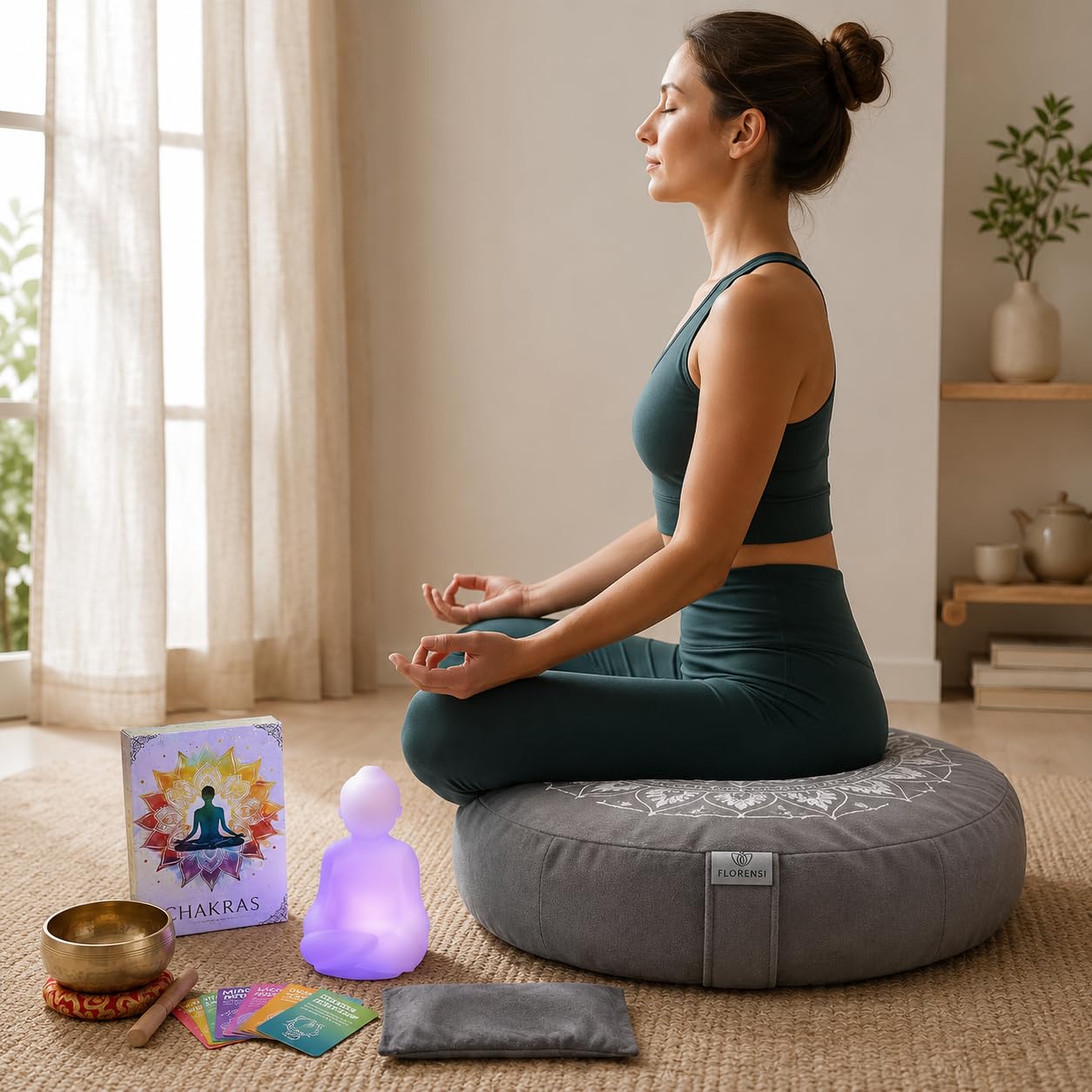 GAGAGIGO Meditation Cushion Set with Buckwheat Zafu, Breathing Light, Singing Bowl, Eye Pillow & Affirmation Cards – Meditation Kit for Beginners, Mindfulness Gift Set for Stress Relief & Yoga