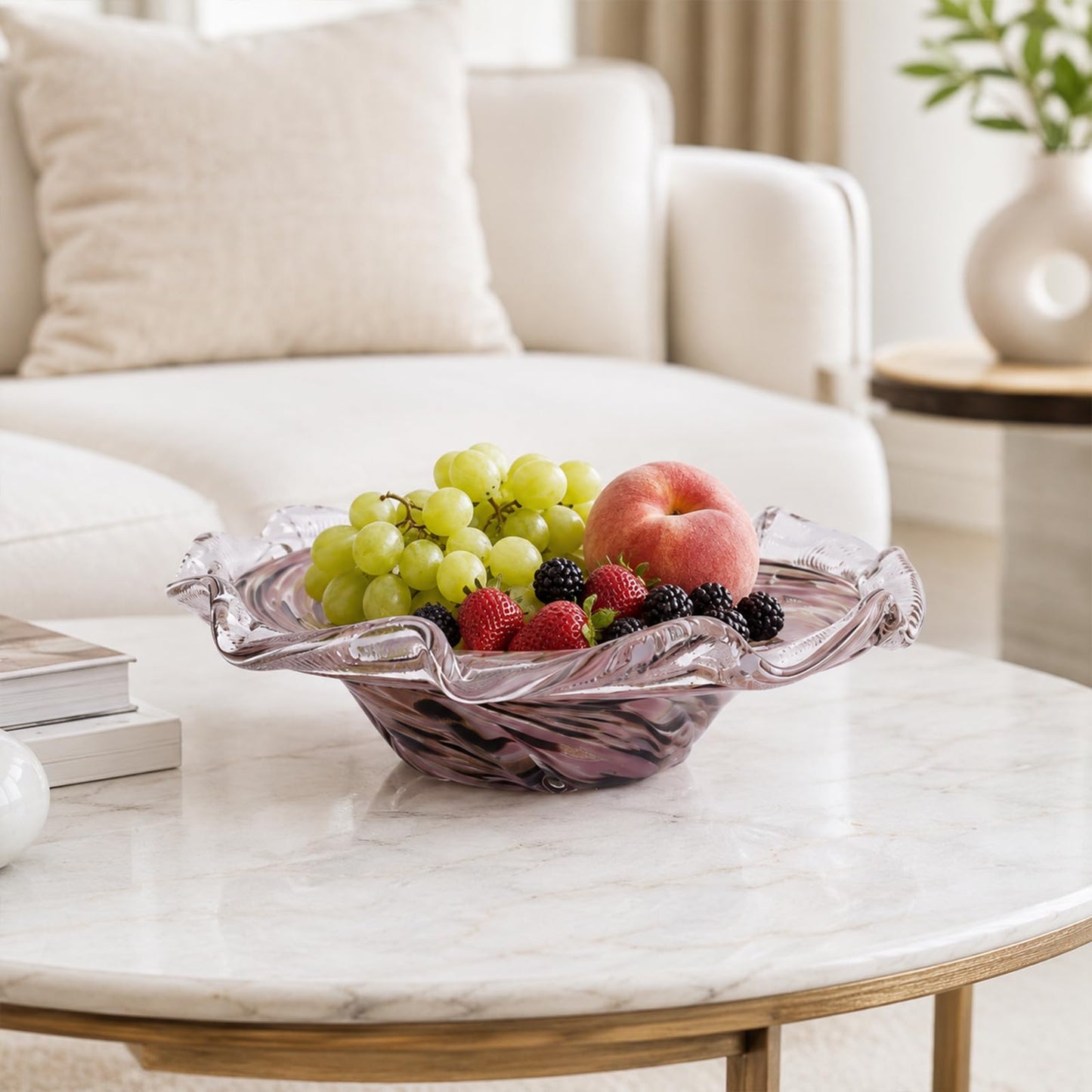 Large Hand Blown Glass Bowl, Ocean Wave Ruffled Rim Decorative Fruit Bowl, Swirled Blown Glass Centerpiece Bowl Glass, Blown Glass Art for Kitchen Counter Fruit Display or Office Candy Bowl (Pink)