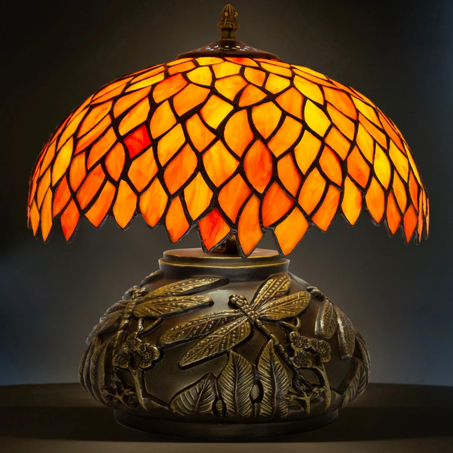 Ppbmocw Tiffany Table Lamp Orange Wisteria Style Stained Glass Lamp for Bedside,Bedroom,Living Room,12 Inch Small Vintage Mushroom Desk Lights Included E26 LED with Remote Control(Autumn Leaves)