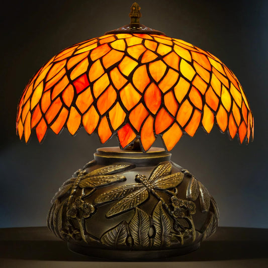 Ppbmocw Tiffany Table Lamp Orange Wisteria Style Stained Glass Lamp for Bedside,Bedroom,Living Room,12 Inch Small Vintage Mushroom Desk Lights Included E26 LED with Remote Control(Autumn Leaves)