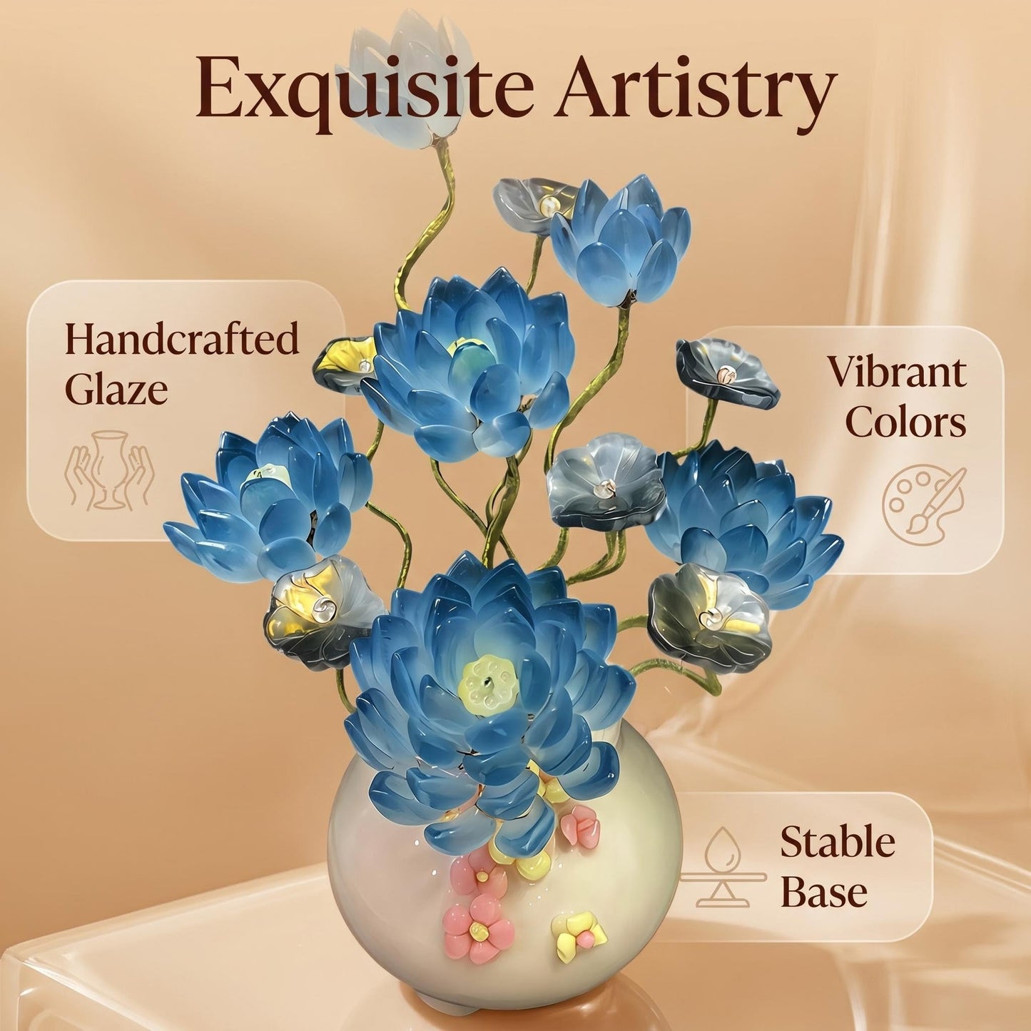 Handmade Art Glass Lotus Flower Arrangement in Vase, Blue Glass Floral Sculpture, Elegant Home Decor Accent, Decorative Centerpiece Gift for Mom, Women, Housewarming (Sapphire Blue)