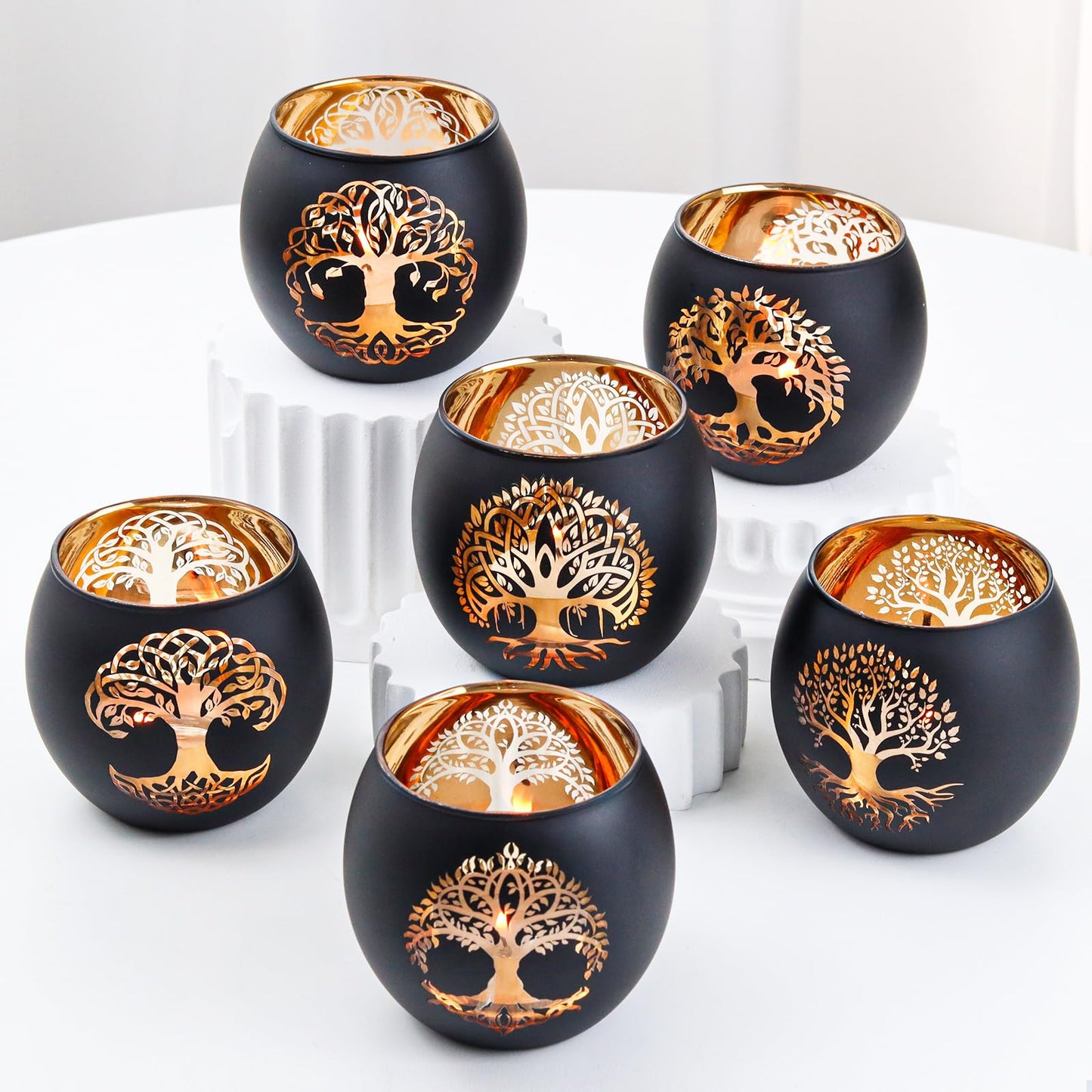 SHMILMH Black Gold Votive Candle Holders 6 PCS Tree of Life Glass Tealight Candle Holders Wedding Decorations for Reception, Birthday Party, Baby Shower, Bridal Shower Table Centerpiece Decor