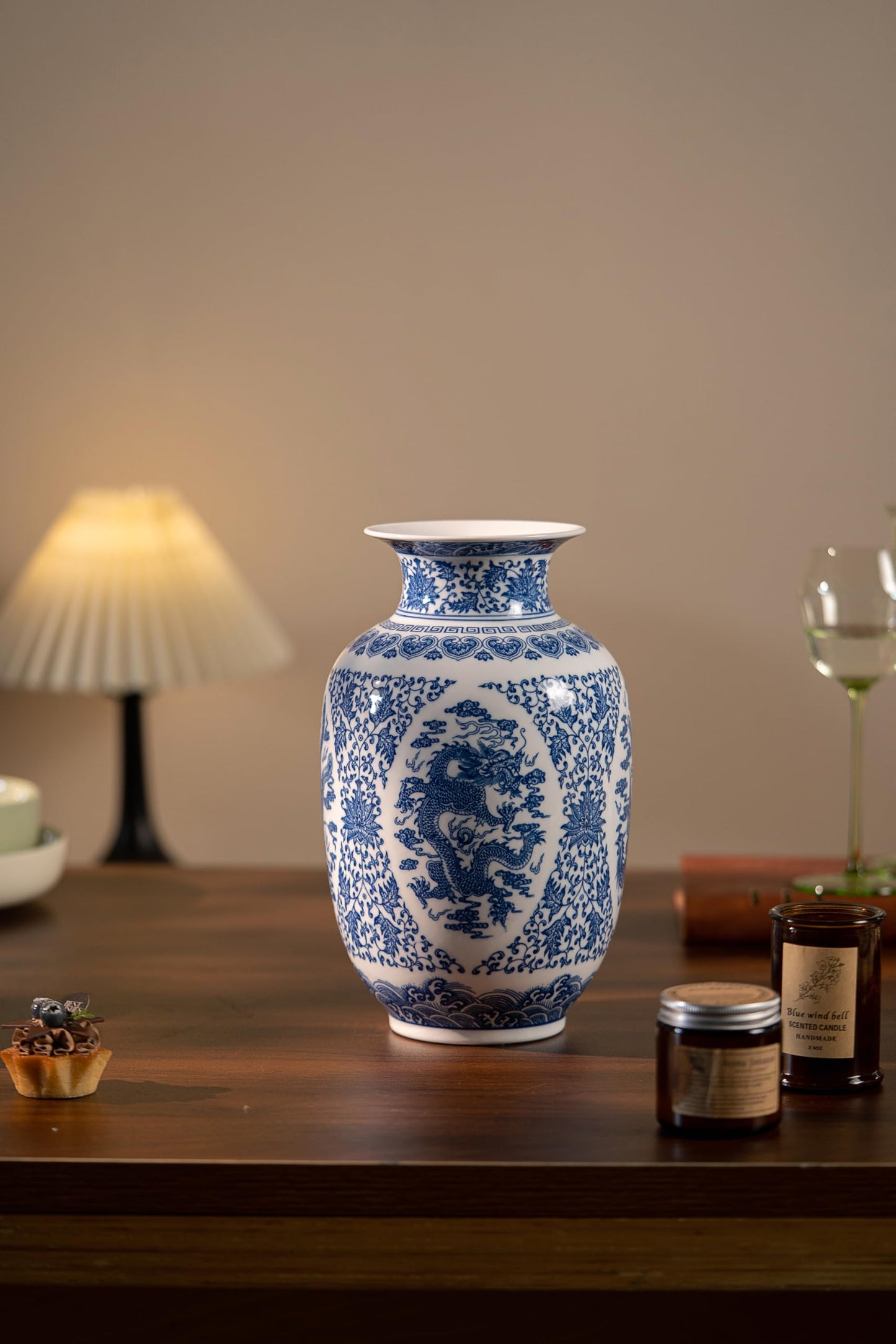 Blue and White Vase, Large Chinoiserie Vase Porcelain, Ginger Jar, Mantel Decor for Living Room & Home,11" H