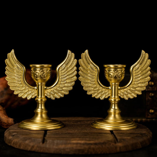 2PC Retro Angel Wing Candle Holder - Handcrafted Collectible Figurine for Desk Decor, Home Altar, Celestial-Inspired Vintage Tabletop Sculpture - Gold