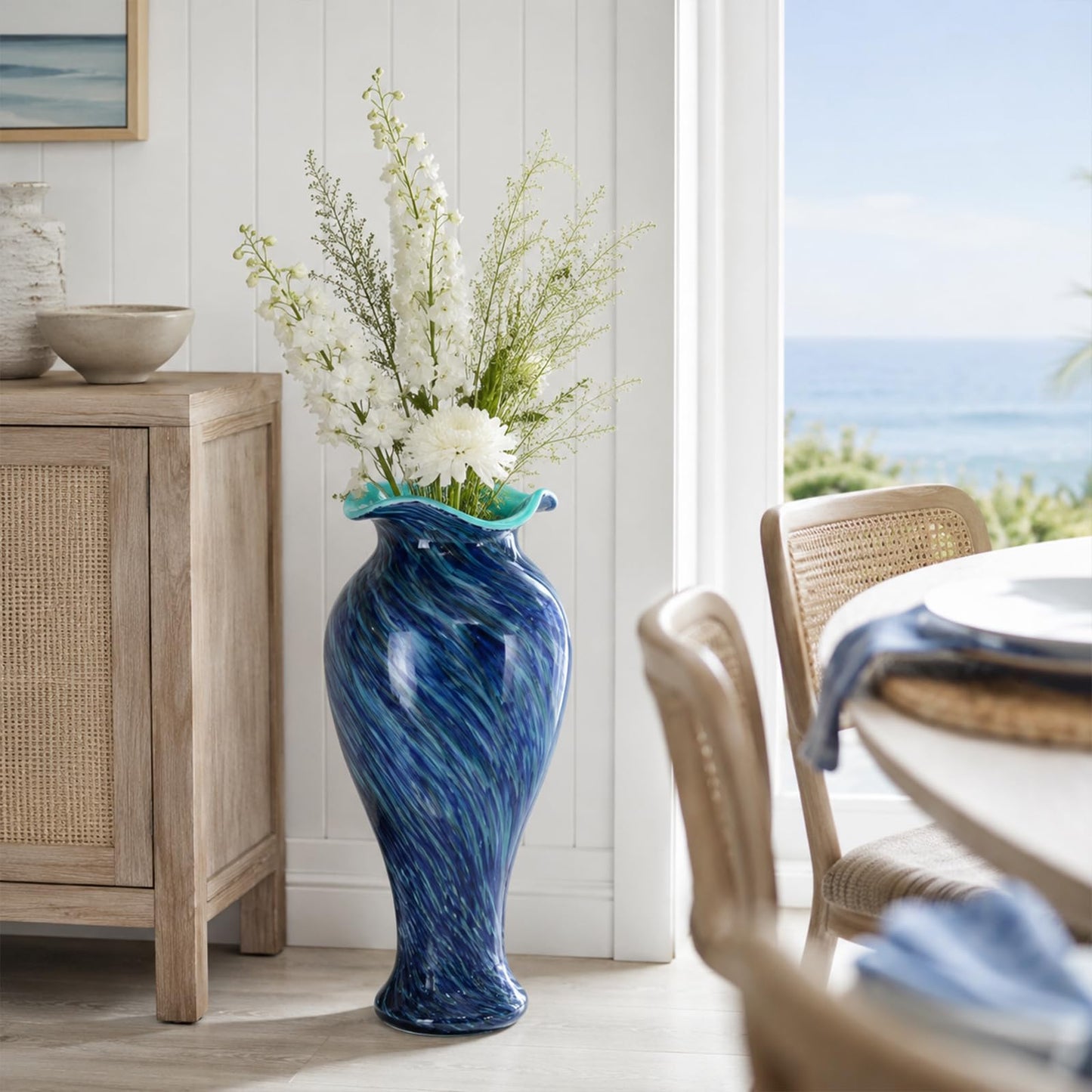 20" Tall Hand Blown Glass Vase – Pretty Ruffle Wide Mouth Decorative Flower Vase, for Modern Home Decor, Ideal Centerpiece for Living Rooms, Wedding & Home Decor