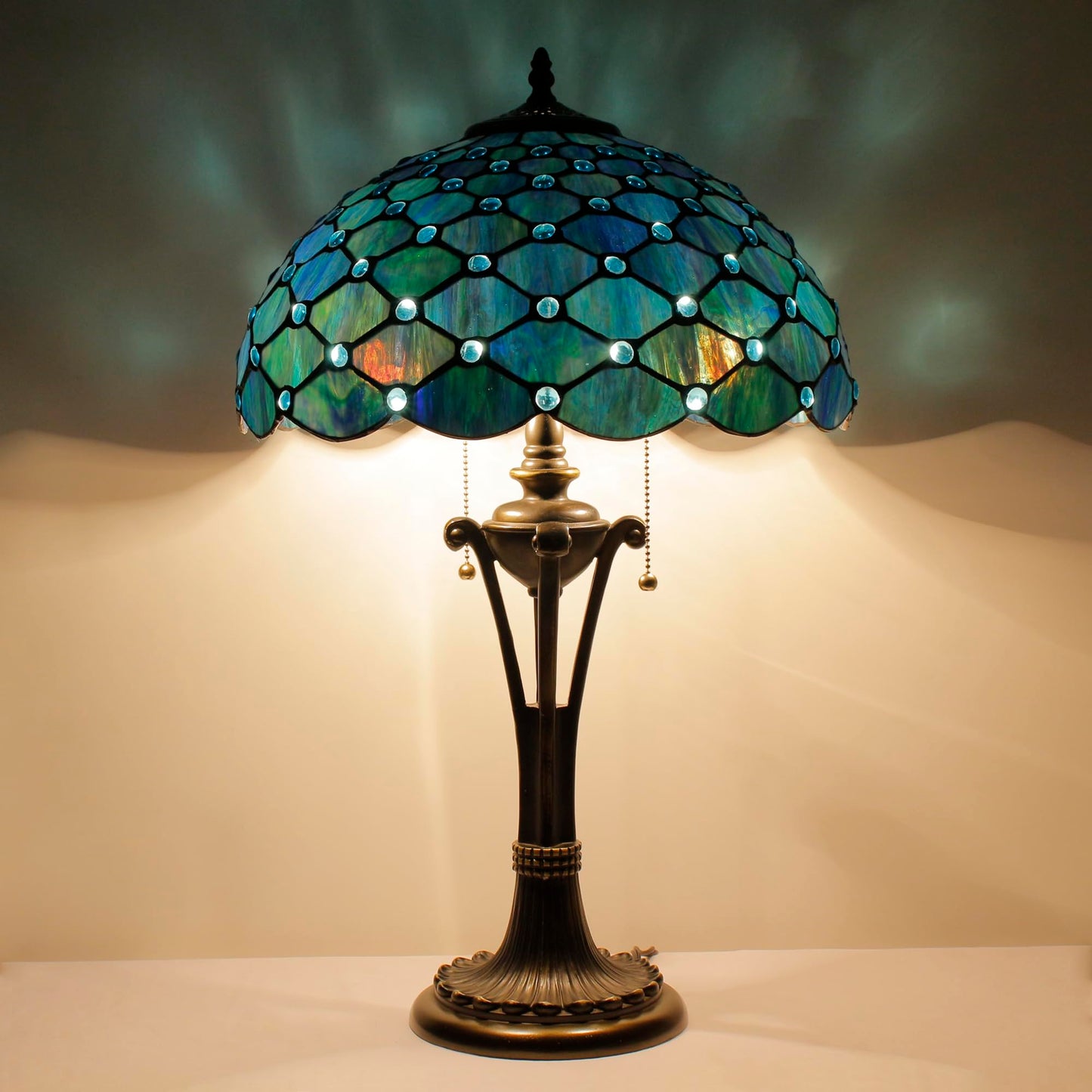 L-Juicwe Tiffany Table Lamp Sea Blue Pearl Stained Glass Desk Lamp 16X16X24 Inches Reading Light