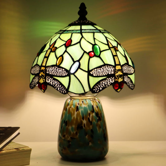 Tiffany Mushroom Table Lamp Dragonfly Style Grass Green Stained Glass Accent Lamp Brown Blue Glass Base 8X8X12 Inch