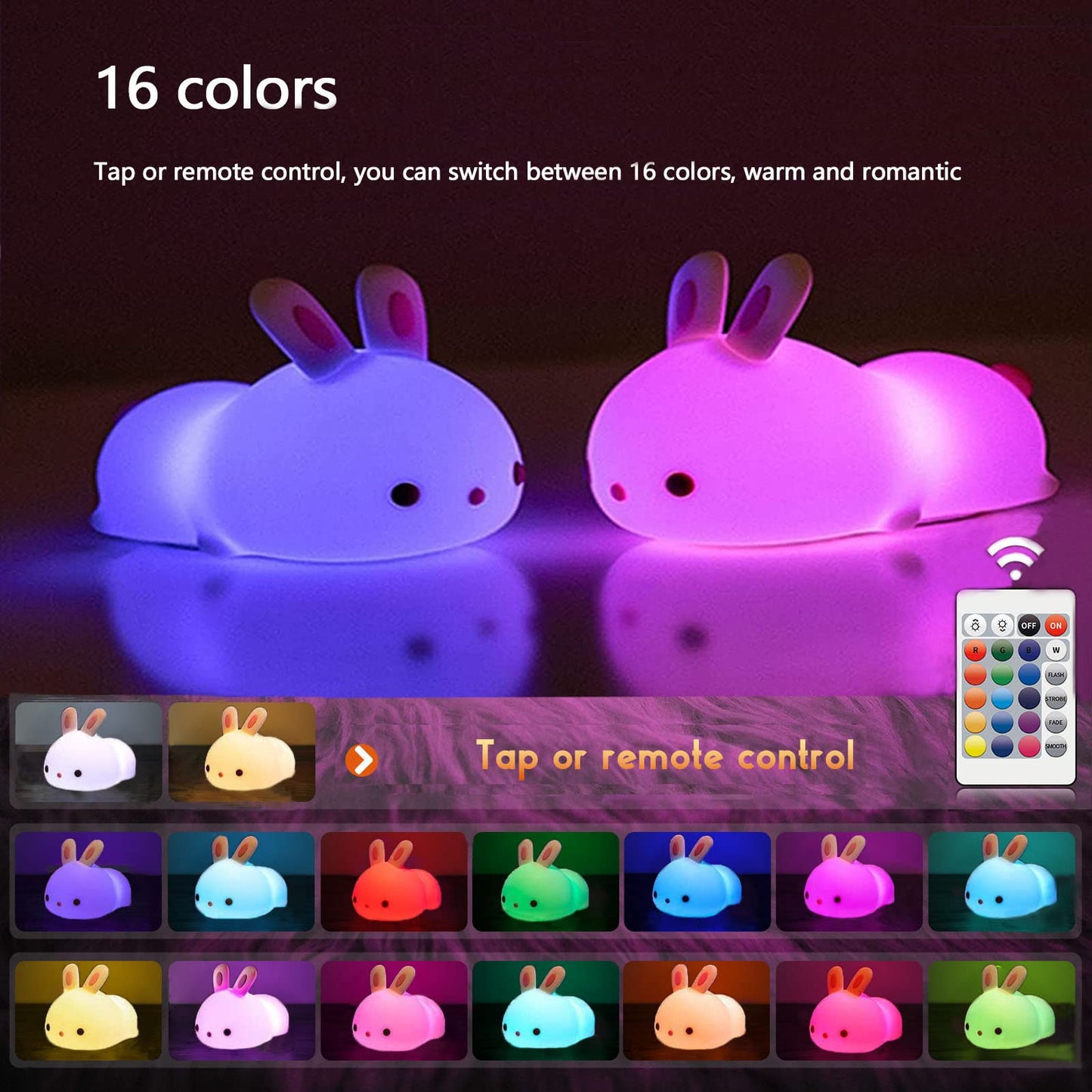 YOTOZU Cute Bunny Night Light, USB Rechargeable Cute Night Ligh with Touch Sensor and Remote Control 4 Modes 16 Colors Kid Night Light for Girls, Childrens, Toddler, Baby, and Kids Christmas Gifts