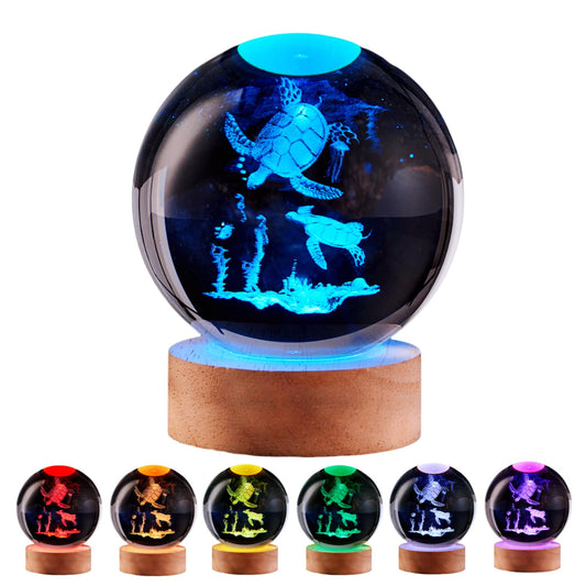 3D Sea Turtle Crystal Ball Lamp, Upgraded 3.15 Inch Turtle Crystal Ball Night Light with 16 Colors LED Wooden Base, Remote Control, Gift Box Packaging, Home Decor Gift for Friends (Sea Turtle)
