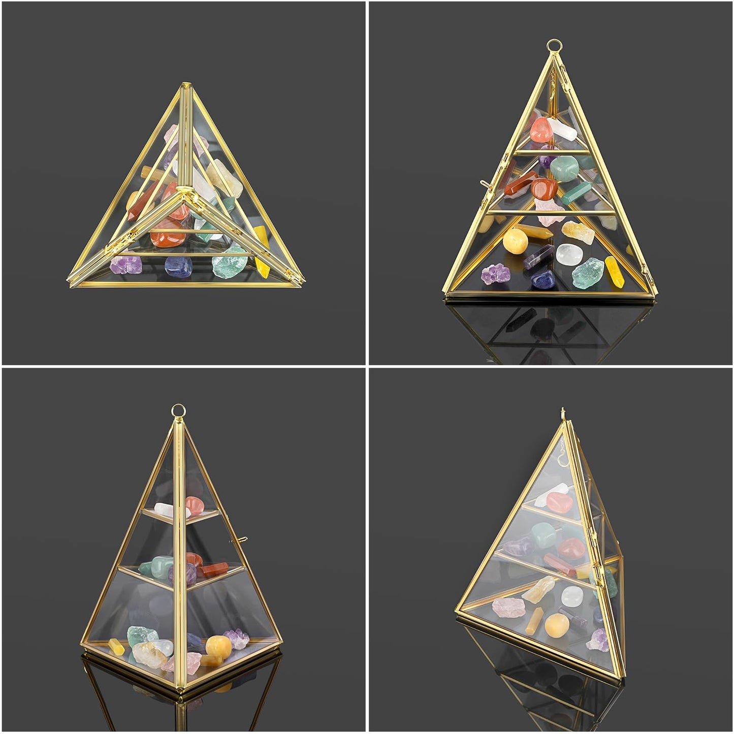 ELLDOO 3 Tier Glass Display Case for Collectibles, Triangular Crystal Display Shelf, Crystal Holder Decorative Display Tray for Crystals Healing Stones Marbles, Gold Metal Jewelry Display Stand