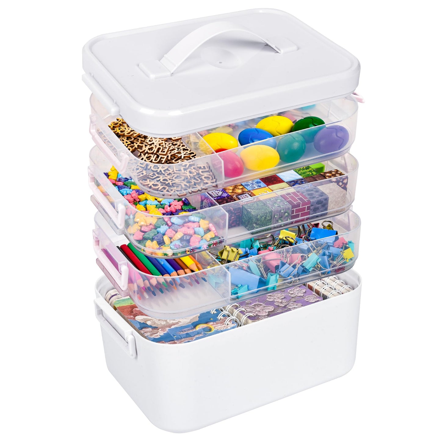 MERATIA 16 QT Art Supply Organizer Box with Handle, White 3-Tier Stackable Craft Storage Container with Removable Trays for Markers, Paints, Beads and Sewing Accessories 11.1''x10.83''x10.83''