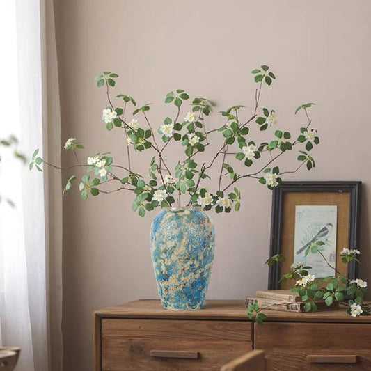 Rustic Ceramic Flower Vase, Tall 11.8in Large Vintage Blue Vases, Handmade Distressed Farmhouse Vase, Chinoiserie Ceramic Vase for Living Room Floor, Bedroom, Bookshelf, Dining Room, Home Decor