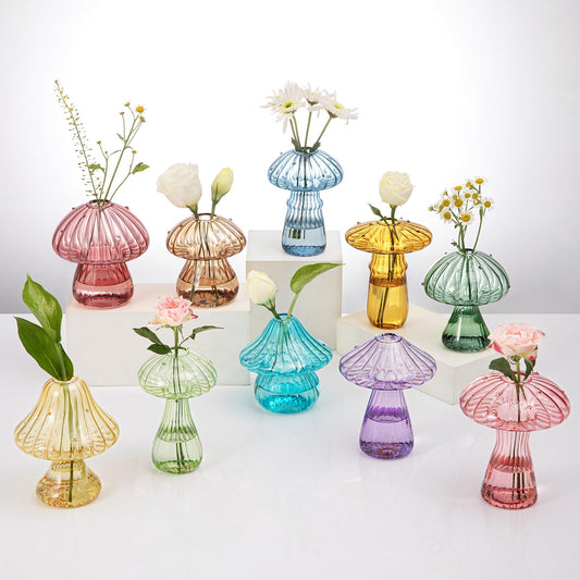 Mushroom Glass Vases for Indoor Plants, Set of 10 Colored Plant Propagation Stations, Cute Mini Terrarium, Unique Small Hydroponic Pots for Flowers, Decor Propagation Vases Gifts for Women