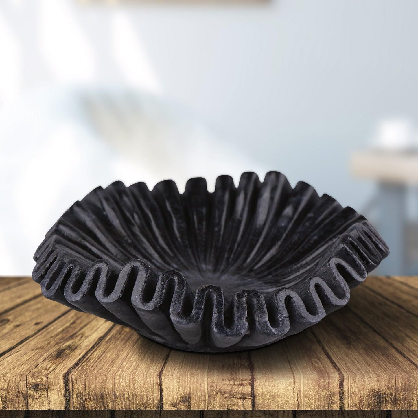 LE HOME DECOR Black Marble Ruffle Bowl/Antique Marble Scallop Dish/Natural Stone Jewellery Dish/Catchall Bowl/Table Centrepiece/Decorative Floral Urli/HouseWarming Gift/Urli (9 Inches)