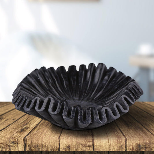 LE HOME DECOR Black Marble Ruffle Bowl/Antique Marble Scallop Dish/Natural Stone Jewellery Dish/Catchall Bowl/Table Centrepiece/Decorative Floral Urli/HouseWarming Gift/Urli (9 Inches)