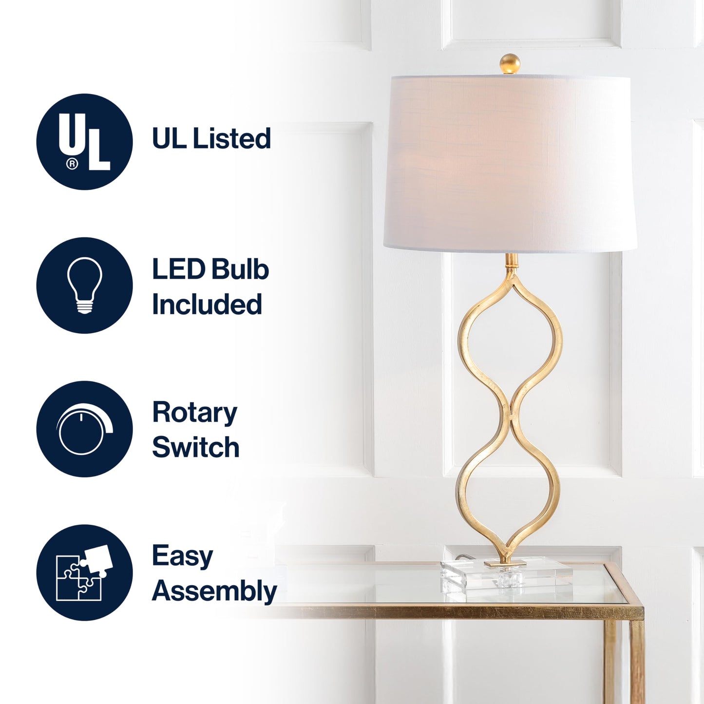 JONATHAN Y 31.5" Gold Curved Metal and Crystal Table Lamp, Modern Glam Bedside Lamp with White Linen Drum Shade for Living Room and Bedroom, LED Bulb Included JYL3028A