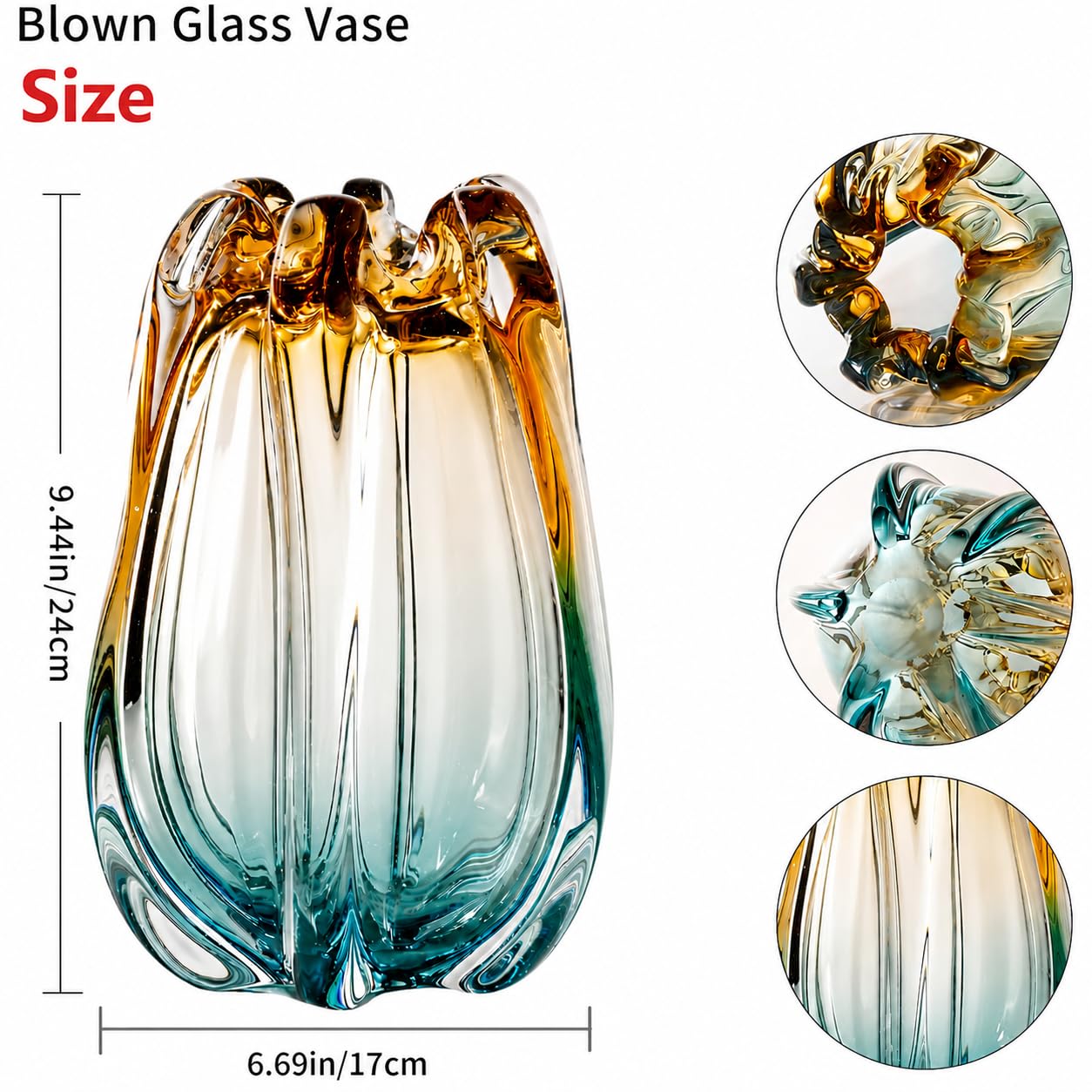 WONDER DECORS Hand Blown Glass Vase, Amber and Teal Gradient, Wide Mouth, Modern Art Deco, Home, Office, Living Room and Wedding Decor