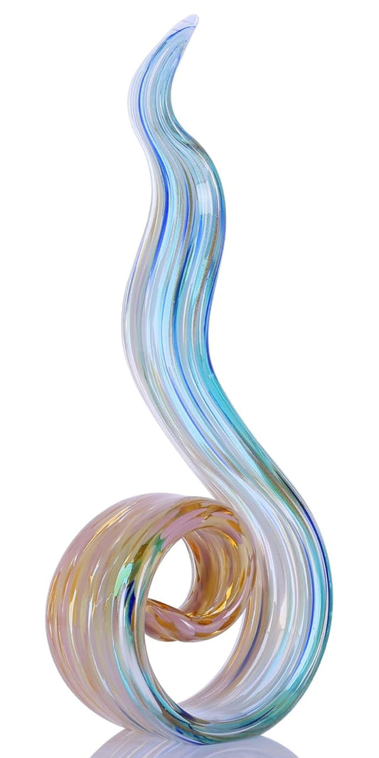WUBIANJIE Glass Sculptures Home Decor, Hand Blown Art Glass Statue, Abstract Wave Flame Figurine for Living Room Shelf Tabletop Entryway Decorative Indoor Accent