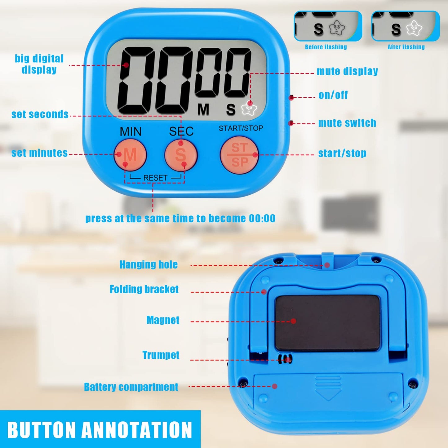 6 Pack Multi-Function Electronic Timer - Magnetic Digital Timers Big LCD Display the Loud/Silent Switch Countdown Timer Extensively Use in Break Time, Cooking,Gym, Meeting, Classroom