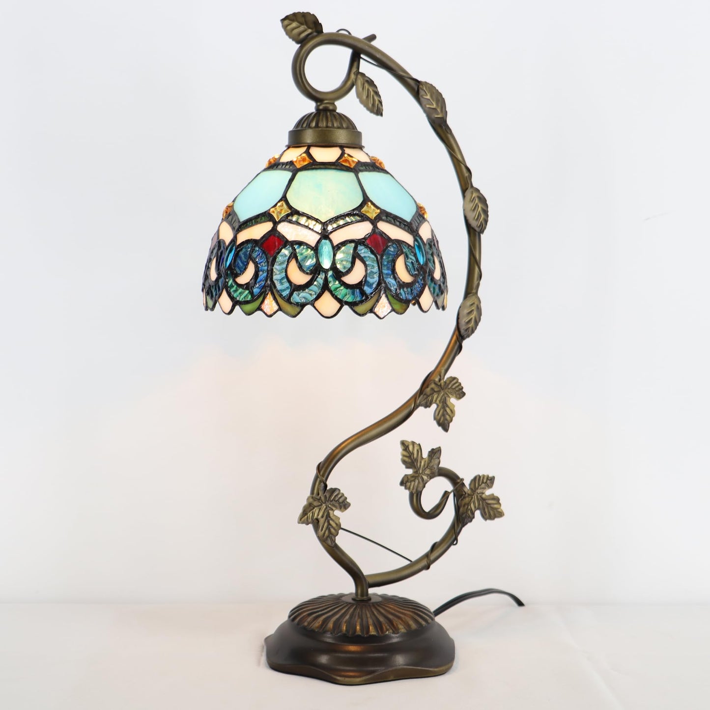 LXHCYOU Tiffany Table Lamp, Stained Glass Desk Light, 8X10X21 Inches, Metal Leaf Base (Sapphire Style)
