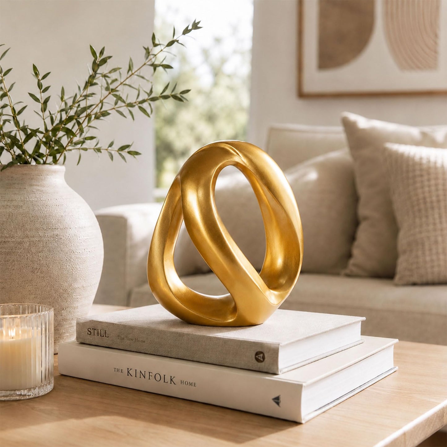 Matte Gold Knot Sculpture, Coffee Table Decor Object, Bookshelf Accent Statue, Mobius Strip Infinity Loop Abstract Resin Ornament for Entryway Nightstand TV Stand Living Room Bedroom Office Desk