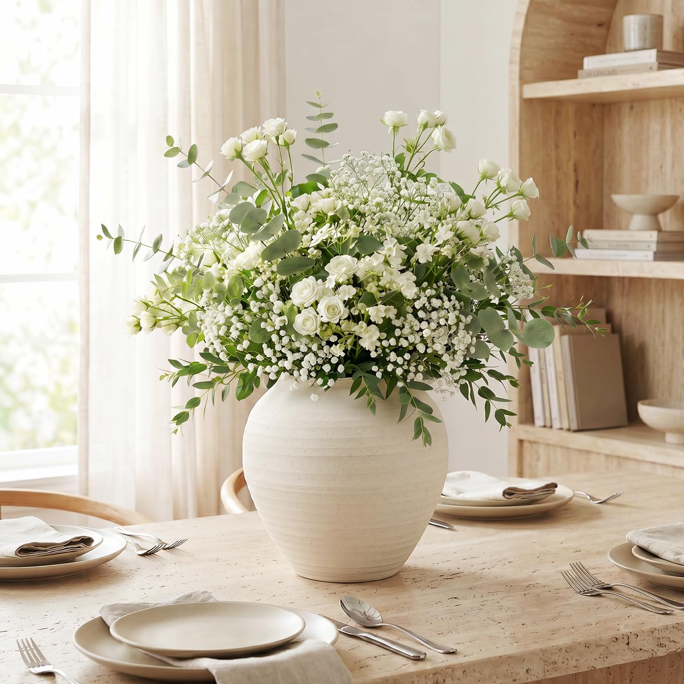 YVTVY Ceramic Vase 6.7", Textured Ribbed Flower Vase for Pampas Grass, Cream Beige Wabi-Sabi Handmade Pottery Vase, Rustic Farmhouse Table Centerpiece for Entryway Shelf Nightstand Decor