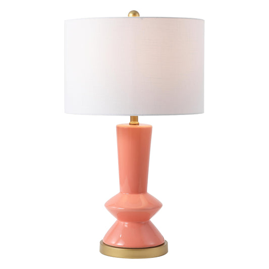 JONATHAN Y 27" Coral/Gold Painting Modern Ceramic Table Lamp for Bedroom Living Room, with White Linen Shade, Glam Geometric Bedside Nightstand Lamp, LED Bulb Included (JYL6607B)