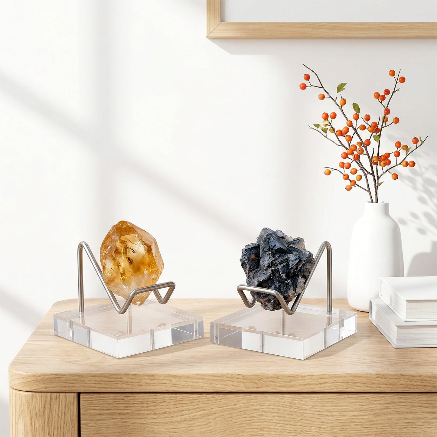 Kegeeei 8 Pcs Crystal Display Stands, 2x2 Inch Acrylic and Metal Rock Display Holder, Clear Base with Silver Arms for Minerals, Geodes, Fossils, Agate, Coral, and Collectibles