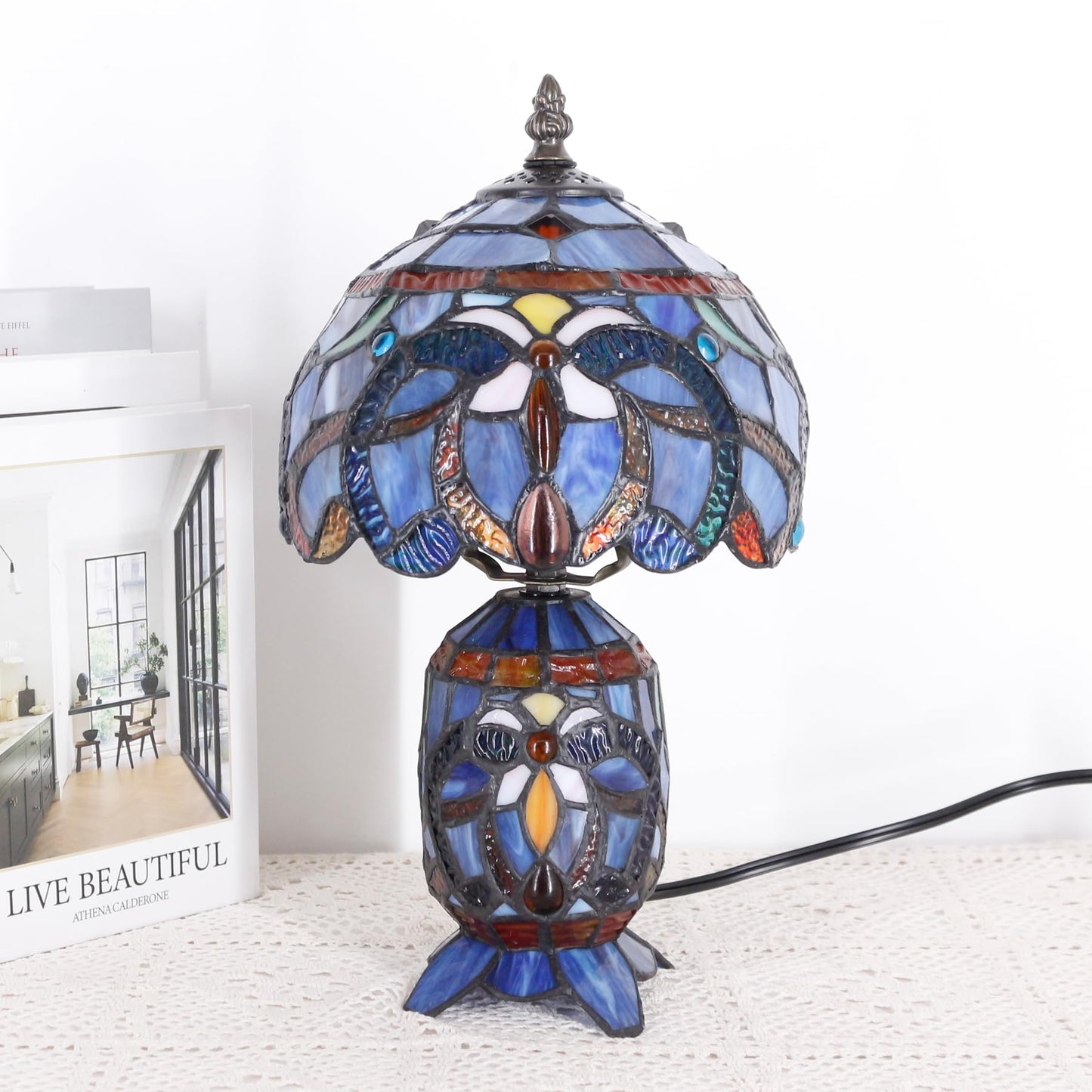 TCODTPOL Small Tiffany Stained Glass Table Lamp 8X14 Inches (Blue Purple)