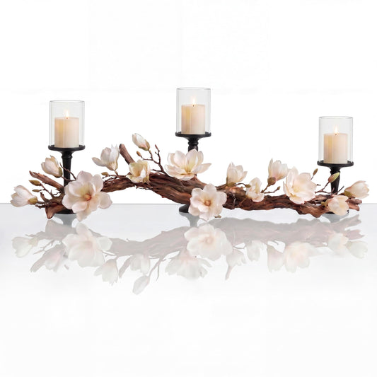 Modern Dining Table Centerpiece, Magnolia Driftwood Candle Holder Set Black