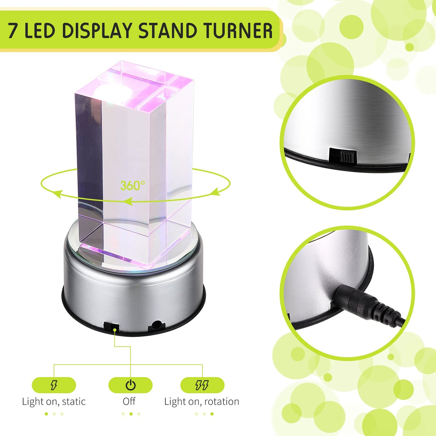 Jetec 4 Pcs 7 LED Light Base Rotating Display Stand Turner Colorful Rotating Crystal Display Base 360 Degree Display Spinner with USB Cable for Glass Art Crystals Jewelry Craft