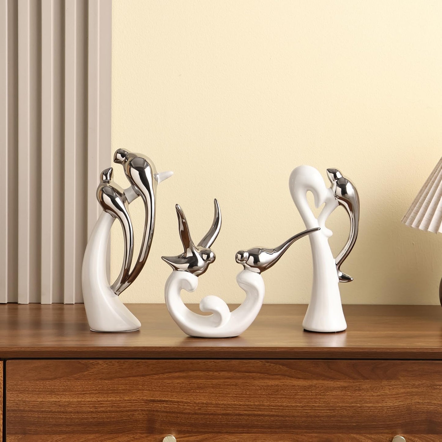 Dneuoir Ceramic Statues Set of 3, Birds and Base Sculpture Modern Home Decor Aesthetic Abstract Decorative Statue for Living Room Bedroom Bookshelf Dining Table Centerpiece Office (White and Silver)