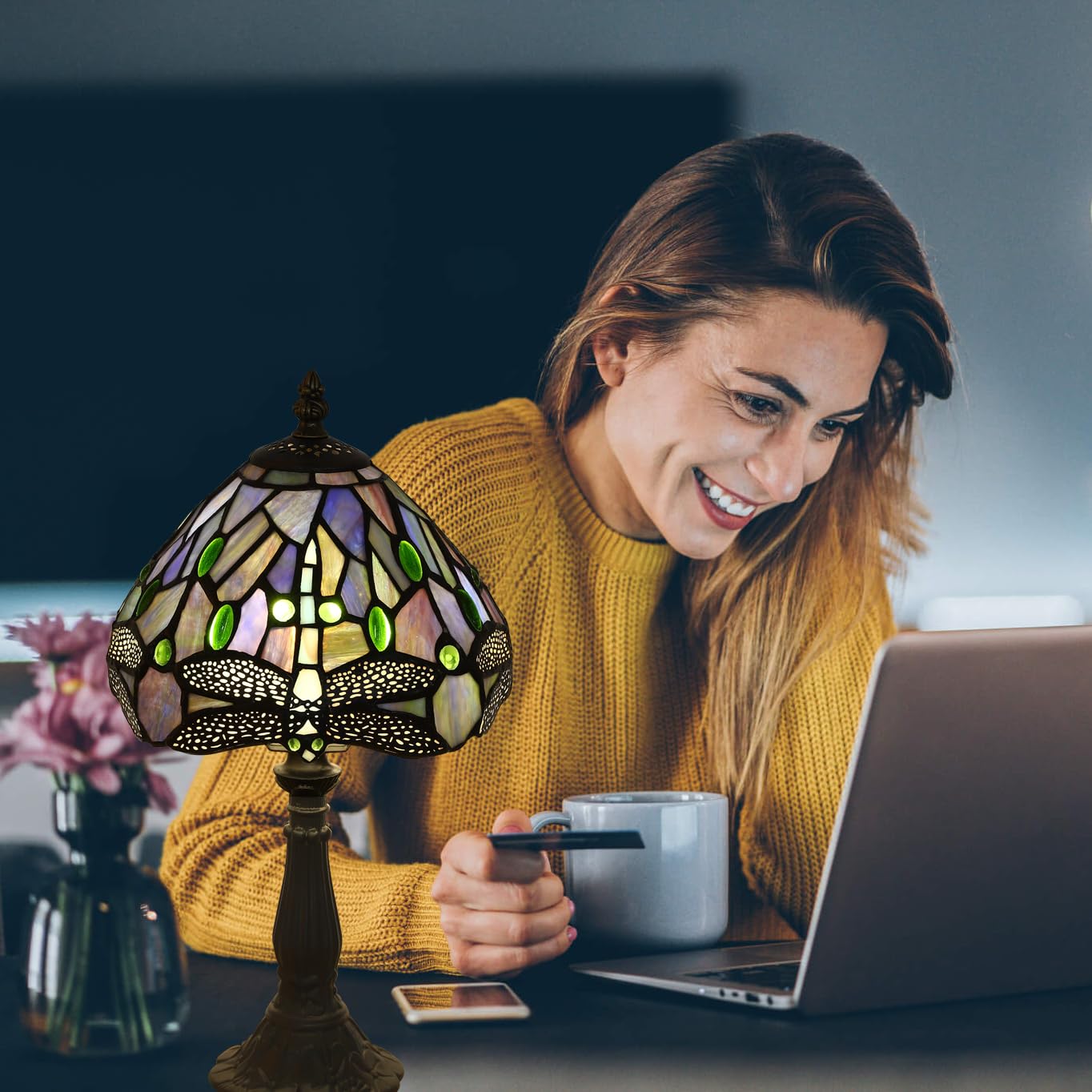 FUMAT Tiffany Small Table Lamp Blue Dragonfly Hand-Made Stained Glass Table Lamps for Bedroom 8.5X8.5X15 Inch Night Light Bedside Nightstand Home Office Desk Lamp W/ E12 LED Bulb