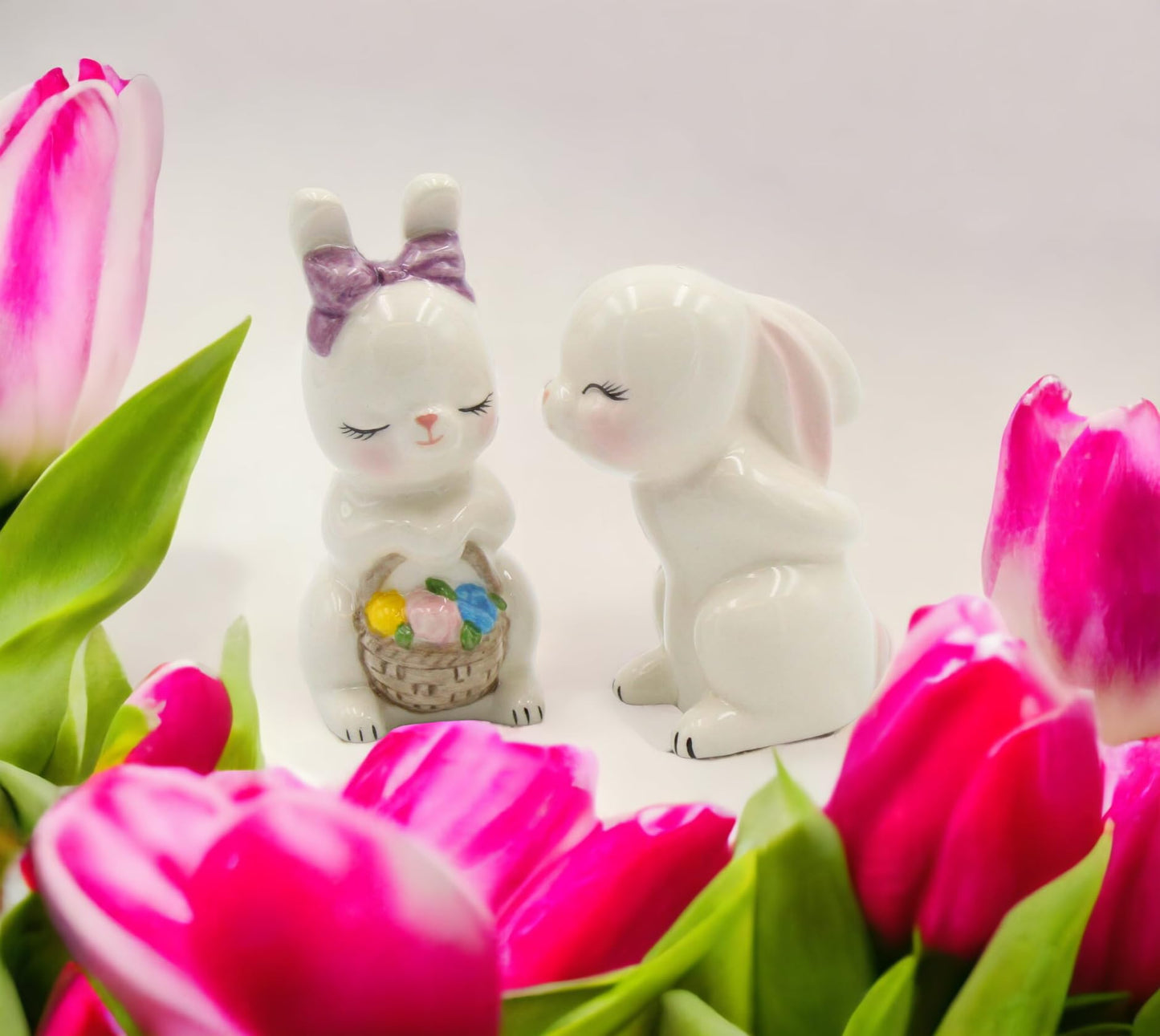Fine Ceramic Kissing Bunny Rabbit Couple Salt & Pepper Shakers Set, 3-7/8" H