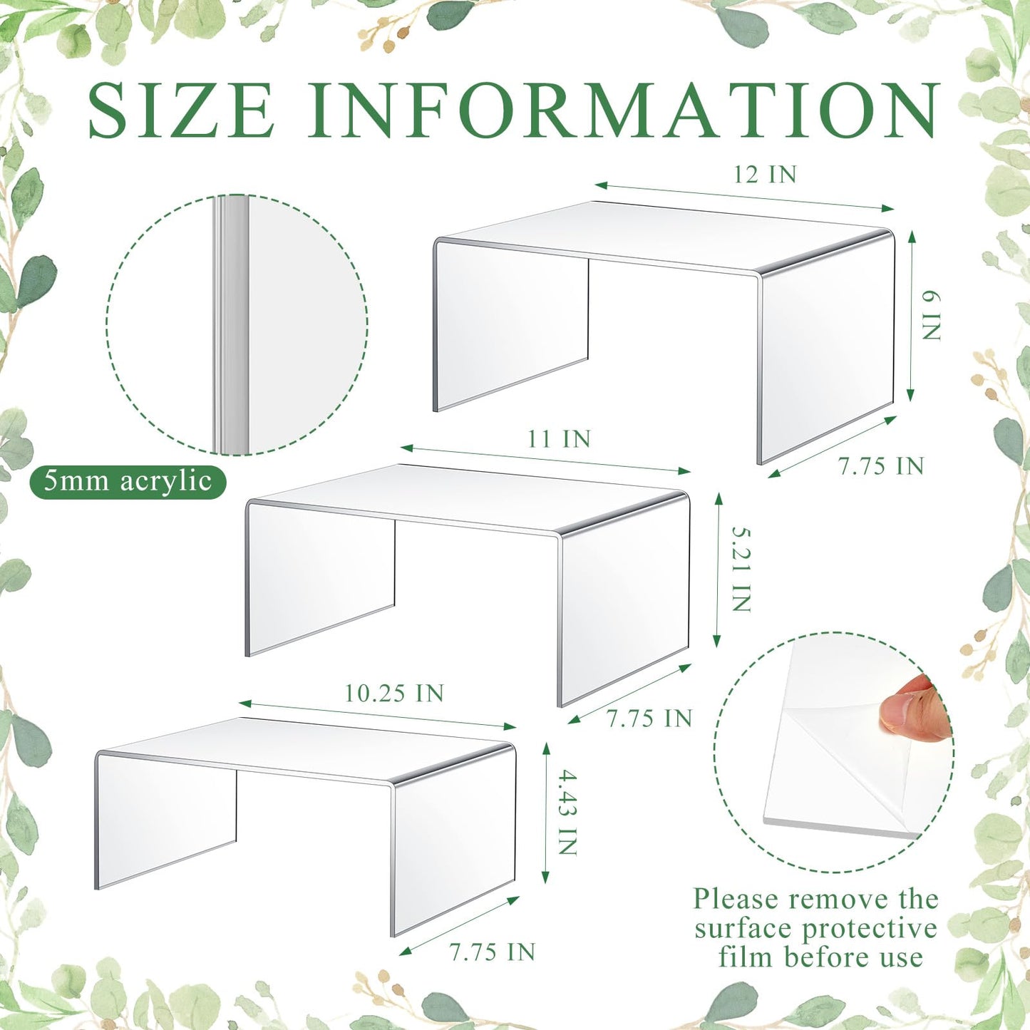 RattanView 3 Pcs Extra Large 12,11,10.25 Inch Acrylic Display Risers Clear Acrylic Shelf Riser Display Stands 5 mm Thick Rectangular for Collectibles Figures