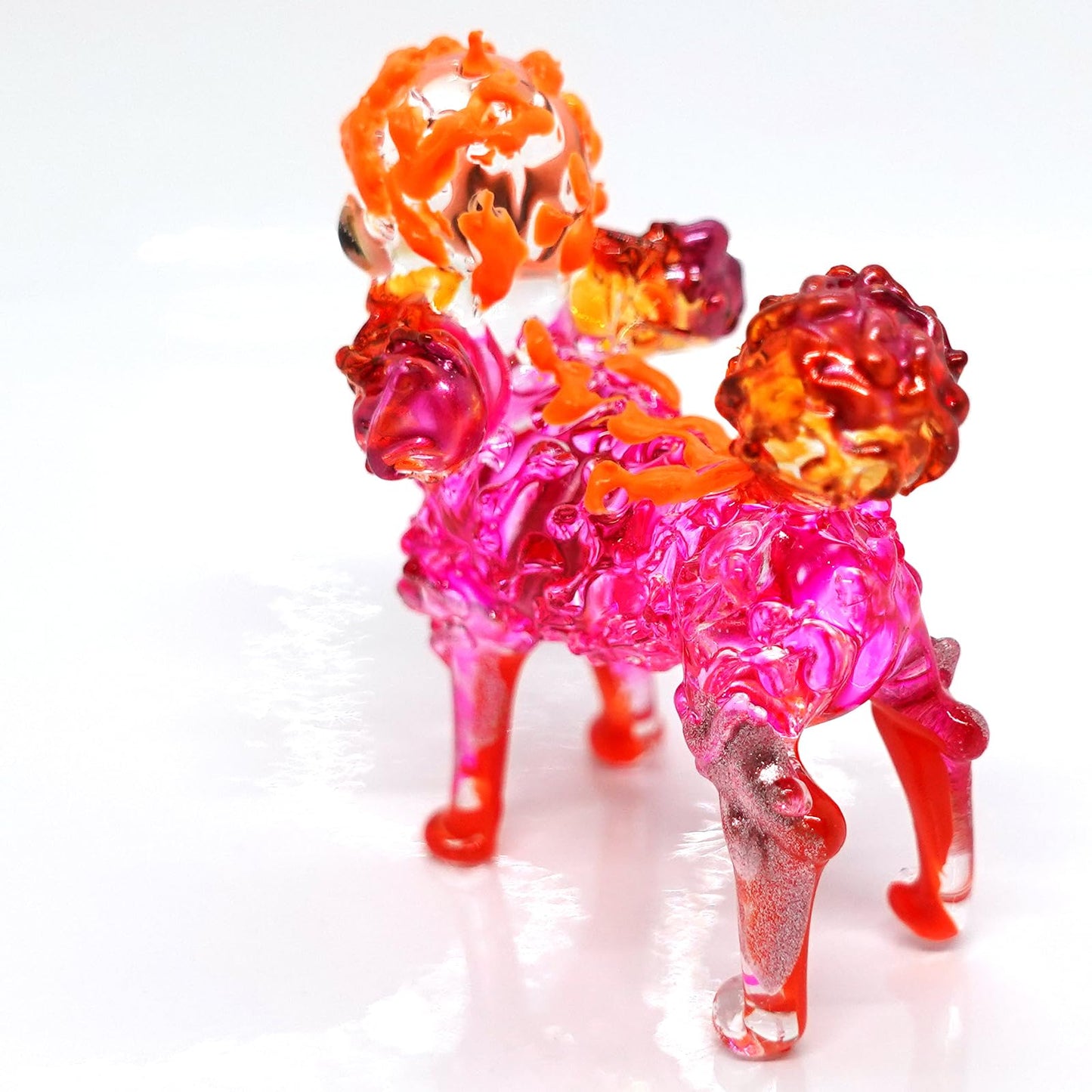 Sansukjai Poodle Glass Handmade Figurine - Painted Blown Glass Dog Sculpture with Layered Eyes - Miniature Collectible Pet Decor Gift for Dog Lovers (Pink Orange)