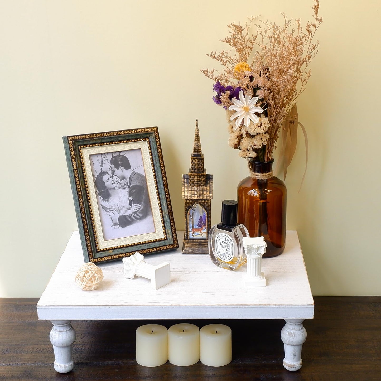 TOOLTENG Wooden Riser Decorative Tray, Farmhouse Wood Pedestal Stand, Rustic Whitewashed Tray Riser Display Stand, Coffee Bar, Dining Room, Centerpiece, Kitchen, Bathroom Table Decor (Washwhite)