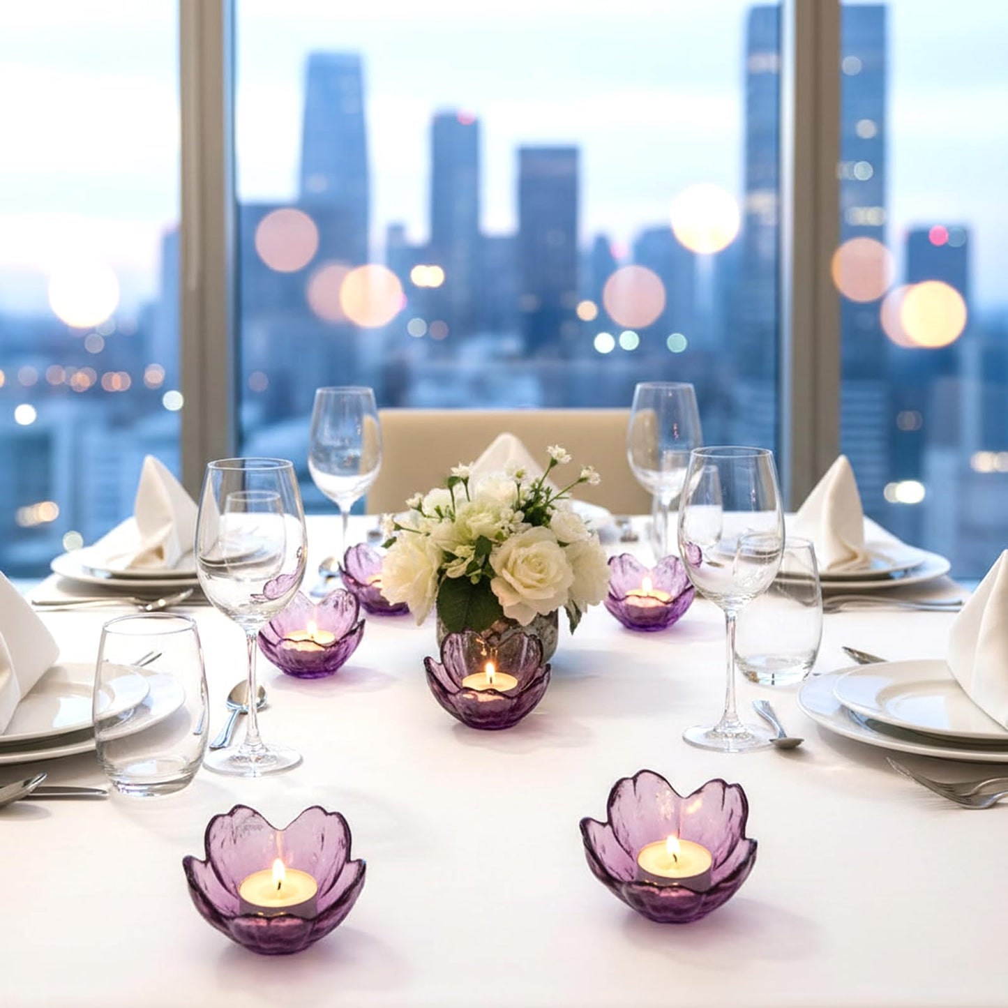 BIHOIB Glass Flower Tealight Candle Holders, Crystal Purple Pillar Candlestick Holders for Table Centerpieces, Wedding and Dinner Party (2, Crystal Purple)