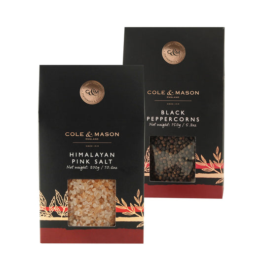 Cole & Mason Gourmet Spice Refill Box - Pairs Well with Chicken, Beef, Pork & More - Peppercorn Refill for Salt & Pepper Mill Grinder - Himalayan Pink Salt & Black Pepper 15.9 Oz Box Set