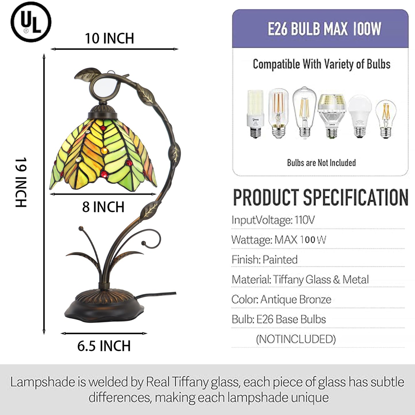 LXHCYOU Tiffany Table Lamp, Stained Glass Desk Reading Light, 8X10X19 Inches, Metal Leaf Base (Brown Green Leaf)