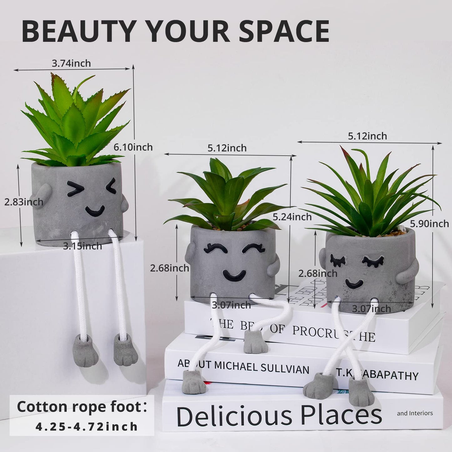 LUZOGA Creative Artificial Succulent Plants with Gray Pots Mini Potted Succulents Cute Fake Plants Succulents with Hanging Leg & Emotional Cement for Home Office Desk Decor and Gift Choice