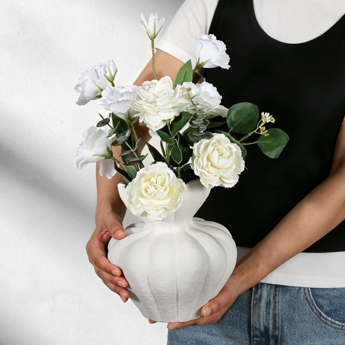 White Ceramic Vase, 8.3in Modern Boho Farmhouse Retro Art Table Centerpiece for Living Room Cabinet Dried & Fresh Flower Arrangement Decorations