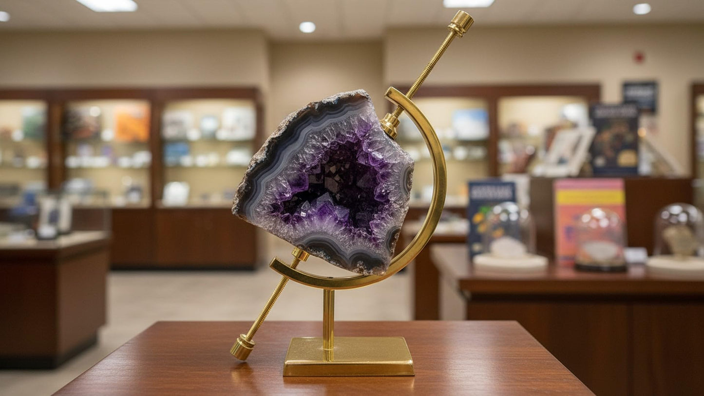 Clearco Artifact Display Stand Coin holder, Caliper Style Mineral and Sphere Display Stand For Minerals, Ornaments, Gems, Shells, Coins, Spheres, Artifacts, etc., Brass, 6 inches