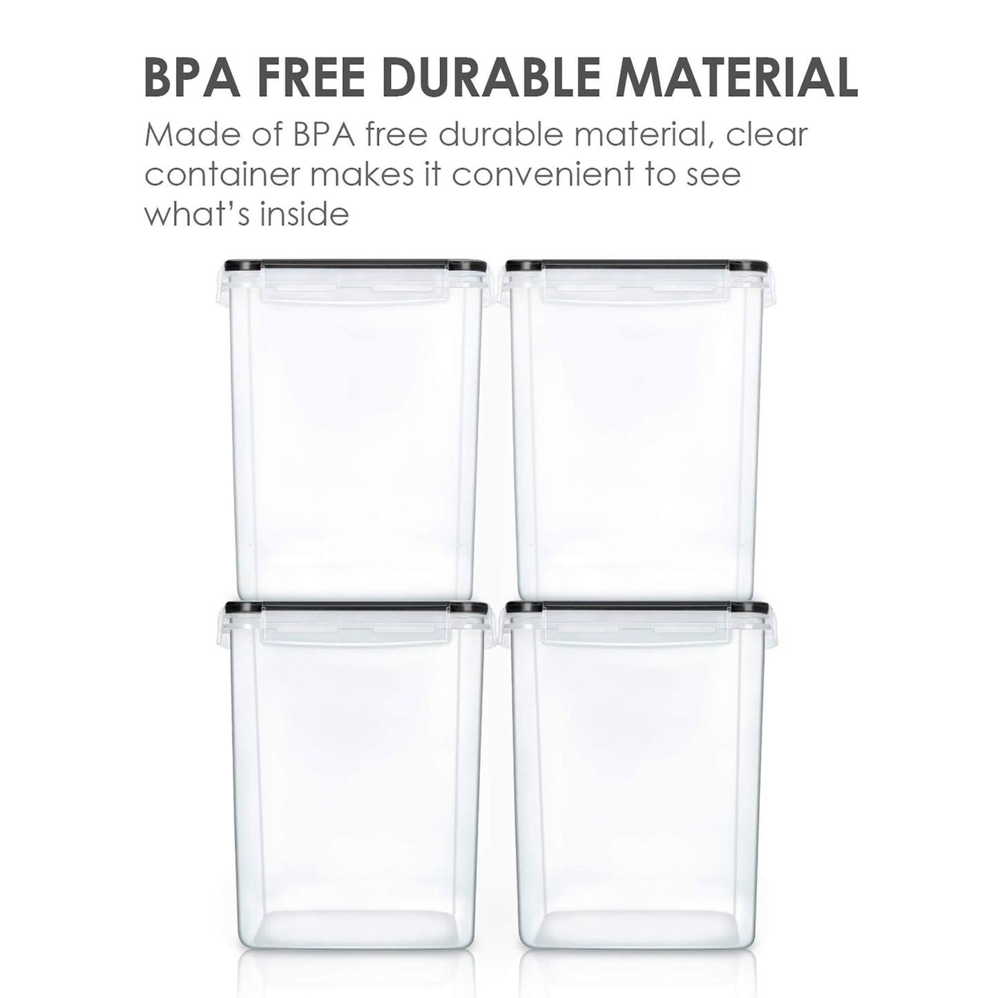 Vtopmart 4 PCS Large Food Storage Containers 5.2L / 175oz, 4 Pieces BPA Free Plastic Airtight Canisters for Flour, Sugar, Baking Supplies, Rice with Lids, 4 Measuring Cups and 24 Labels, Black