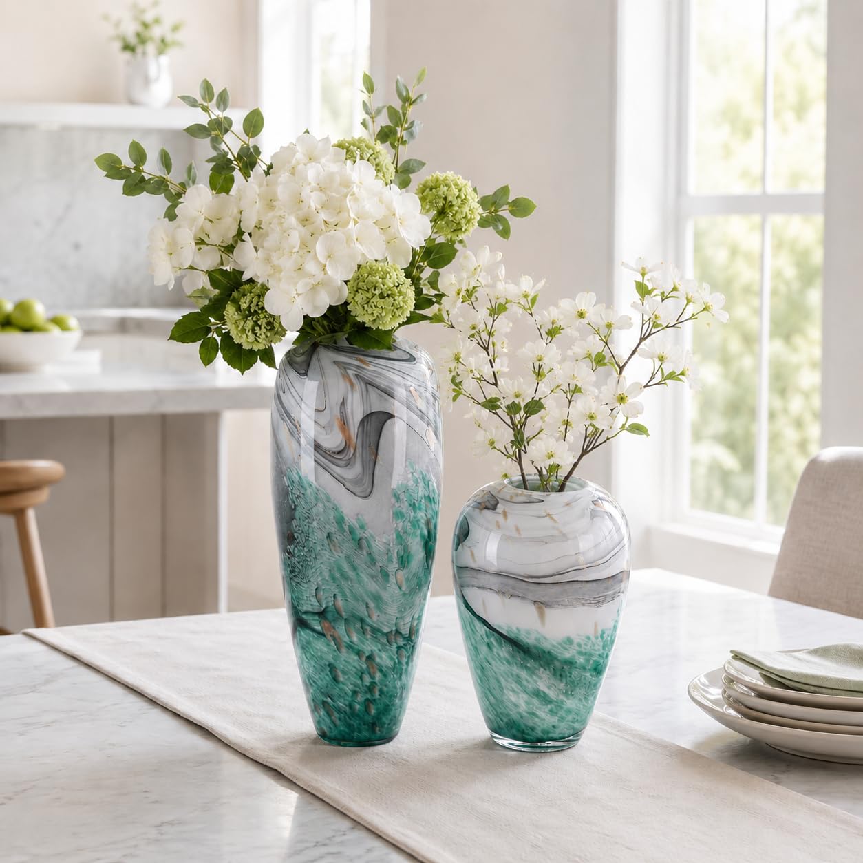 Hand Blown Glass Vase,Green Black Ink Wash Landscape Centerpiece,New Chinese Luxury Home Accent,Pampas Grass Centerpiece, Minimalist Decorative Vase for Dining Table Kitchen Tabletop (Green, Small)