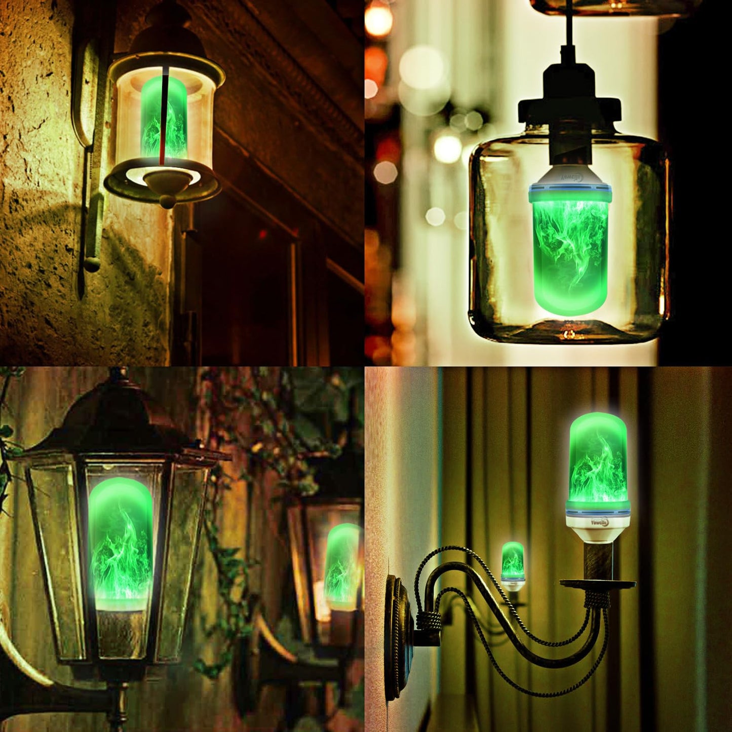 Yewclls LED Flame Effect Light Bulb, 4 Modes E26 Base Fire Light Bulbs with Gravity Sensor (Green - 2 Pack)
