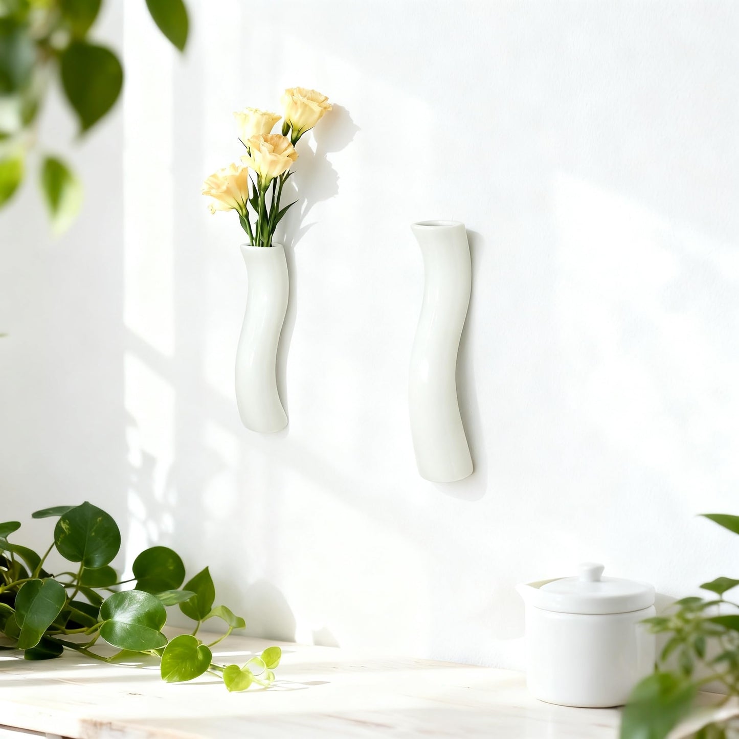 DOCFLVAS Scandinavian Curve Wall Vase — 2 Pack Warm White Ceramic Hanging Vase | Soft-Curve Minimalist Wall Decor for Living Room & Bathroom