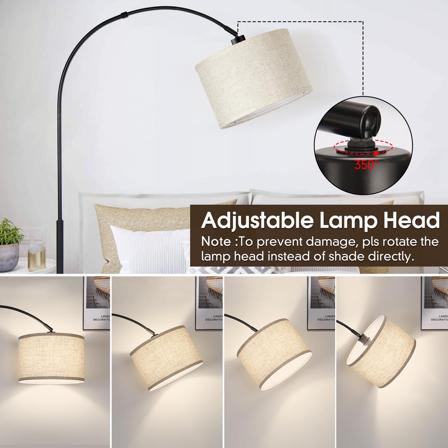 Dimmable Floor Lamp, Arc Floor Lamp with Dimmer, Black Standing Lamp with Adjustable Hanging Shade, Over Couch Tall Reading Light, Modern Pole Lamp for Living Room Bedroom, 9W LED Bulb Included