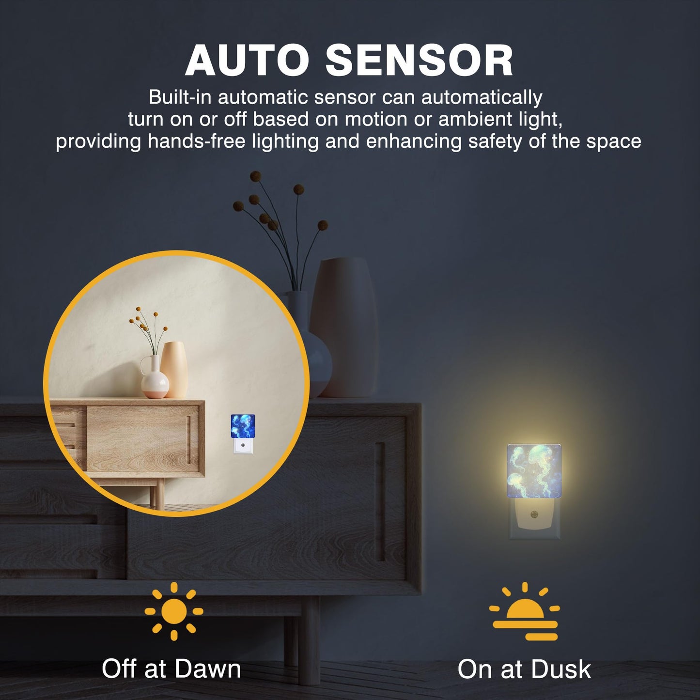 FOISIIAEA Night Light Magic Glowing Jellyfish Night Lights Plug into Wall Smart Dusk to Dawn Sensor 0.5W Energy Efficient Led Lamp for Men Women Bedroom Bathroom Hallway Stairway Decor